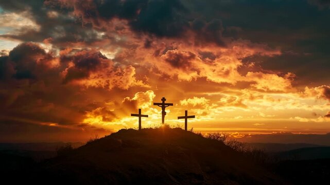 Golgotha ​​with three crosses. Easter Christian background.