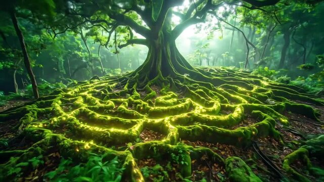 Enchanted Forest: Ancient Tree with Glowing Roots in Lush Green Landscape