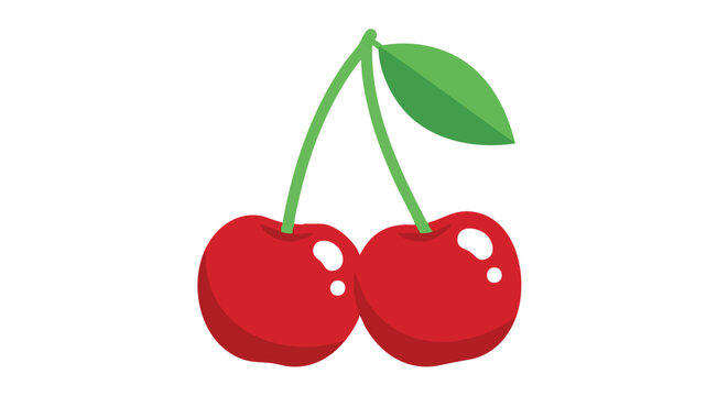 Delightful twosome: Red cherries hang sweetly from shared stem, a simple fruit vector illustration, cheerful fruity design element featuring shiny