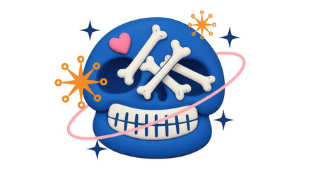 Isolated Blue Skull with Bones and Heart