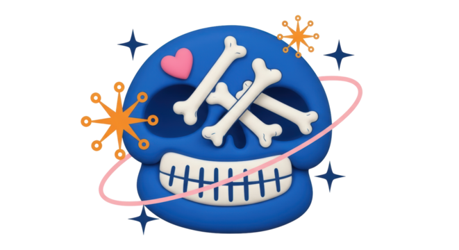 Isolated Blue Skull with Bones and Heart