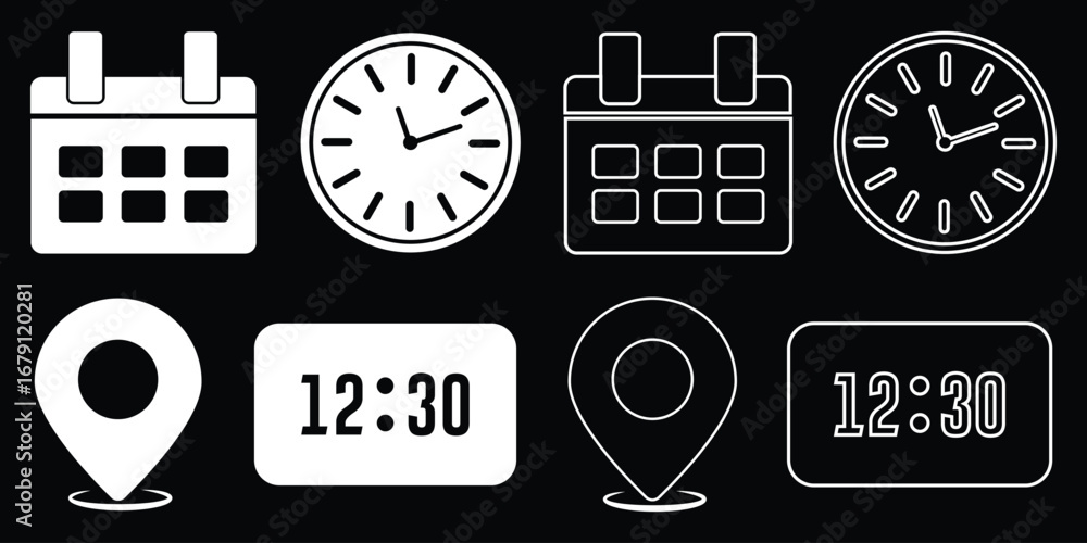 Poster address time date icons set. address location icon. stopwatch timer icon. date calendar icon. black 