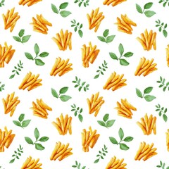Fototapeta premium Colorful Seamless Pattern of French Fries and Greens