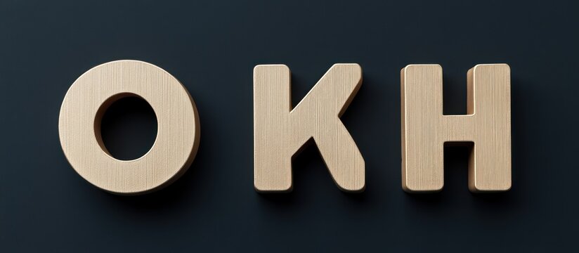 Wooden letters spelling out the word "OKH" against a dark background.