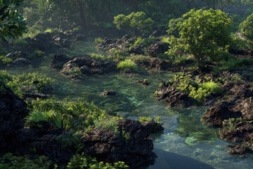 Naklejka premium Sunlit Wet Volcanic Rocks and Greenery