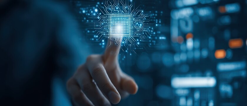 A hand touches a digital circuit, symbolizing technology and innovation in the digital age.