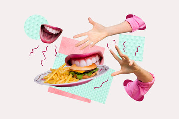 3d pop zine sketch artwork collage of human hands hold plate french fries cheeseburger nutrition mouth bite fast food cafe order