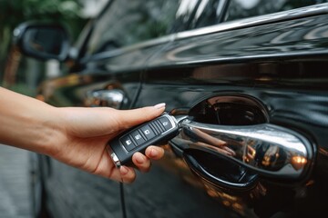 Close-up of hand unlocking car door with fob