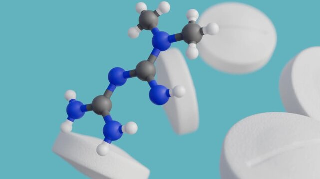 A 3d animation of metformin, physical form as pills and its molecular structure. Its macroscopic appearance as a medication.