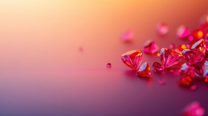 Colorful gems sparkle on a smooth surface during sunset lighting