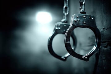A close-up view of handcuffs hanging against a dark, blurred background, symbolizing law enforcement and confinement.