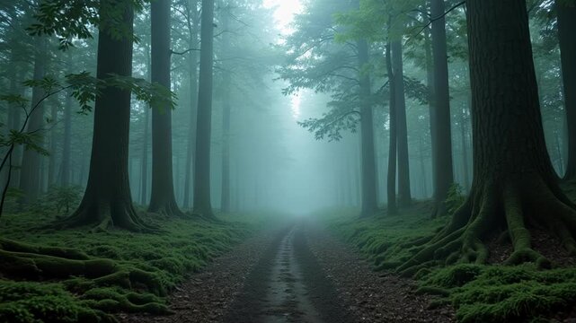 Eerie foggy forest path leads into mysterious thick mist, perfect for Halloween ambiance, creating suspense and a sense of the unknown in 4K video. - Powered by Adobe