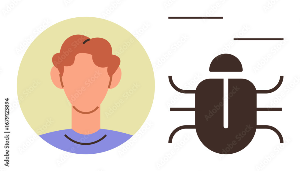 Aufkleber human face beside bug icon representing software issue, technical problem-solving, error detection. 