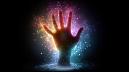 A glowing hand emerges from a swirling vortex of colorful particles, symbolizing creativity and connection in a cosmic setting.