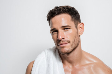 Obraz premium Close-up of an attractive man with a white towel on his shoulder just after a shower, looking straight ahead on a light gray background.