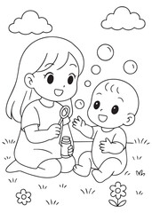coloring book sister blowing bubbles with baby brother outdoors