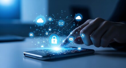 Fototapeta premium Secure mobile technology hand touching smartphone with digital network security icons glowing brightly