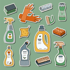 Lovely colored doodle sticker set with washing bottles and supplies for planners, notebooks. Ready for print list of cute stickers of laundry, dishwashing gel, rubber gloves, sponges, rags, dispenser.