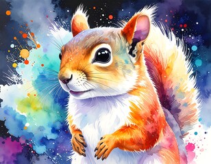 Watercolor squirrel portrait with vibrant colors and abstract background