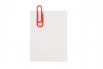 Red paperclip gripping blank white note against transparent backdrop, symbolizing minimalist office communication and organizational efficiency
