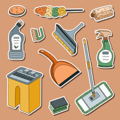 Lovely doodle sticker set with house cleansing supply for planners, notebooks, diary. Ready for print list of colourful stickers of bucket, mop, washing spray bottle, toilet disinfectant gel, rags.