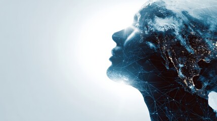 A digital silhouette of a person"s profile, overlaid with a map of the Earth and network graphics, symbolizing global connectivity and technology.