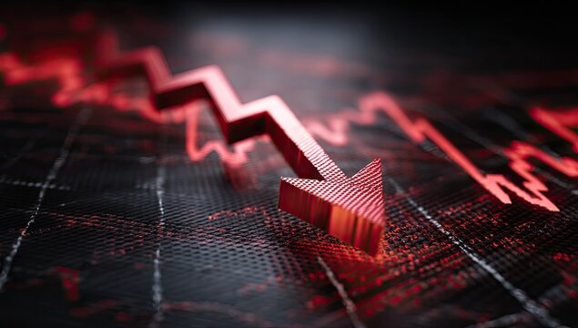 Red downward arrow on a stock market graph indicating financial crisis.