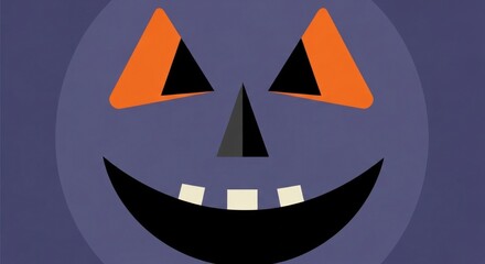 A simple graphic illustration of a halloween pumpkin face with orange eyes and a wide black smile