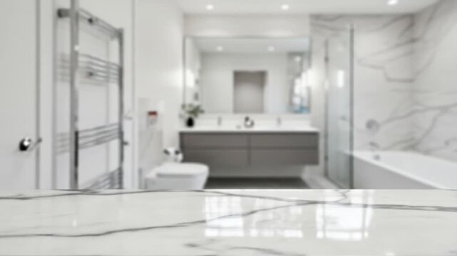 Modern bathroom interior with marble countertop and blurry background
