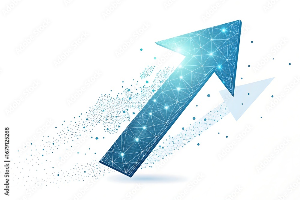 Poster blue geometric arrow polygon shape ascending with particle trail and shadow on white background imag