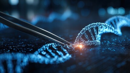 Genetic engineering theme, 3D - rendered CRISPR - Cas9 system cutting DNA double strands, sgRNA guide sequences labeled beside, background is a laboratory blue light operating table 