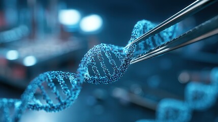 Genetic engineering theme, 3D - rendered CRISPR - Cas9 system cutting DNA double strands, sgRNA guide sequences labeled beside, background is a laboratory blue light operating table 