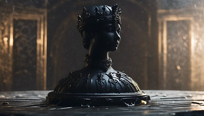 Dark Queen Bust Sculpture Wearing Crown on Reflective Surface