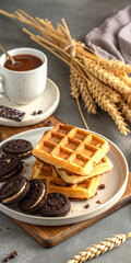 waffle and chocolate cookies on plate with wheat stalks and hot drink nearby