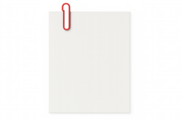 Blank white paper fastened by red paperclip, highlighting minimalist design against transparent backdrop for clean organizational concept