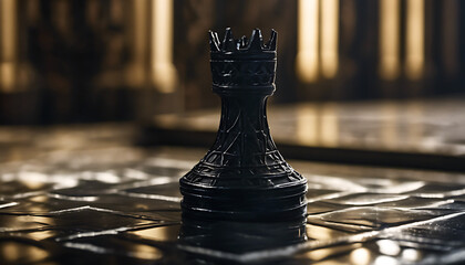 Dark Chess Rook on a Reflective Surface with Dramatic Lighting
