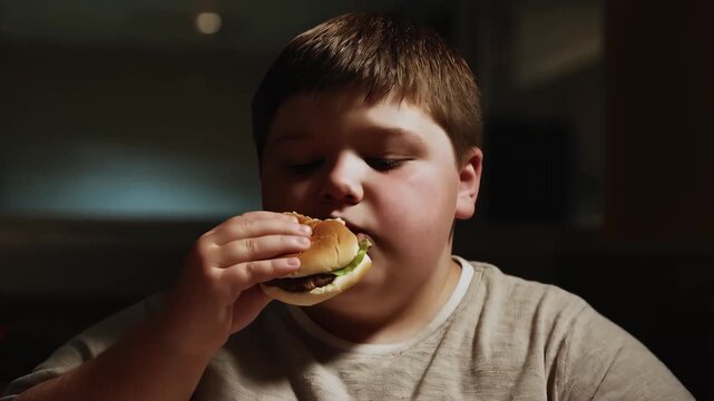 Overweight white teen boy eats hamburger in dimly lit room. Close-up shows child with eyes closed, savoring large bite of fast food. Issues of childhood obesity and unhealthy eating