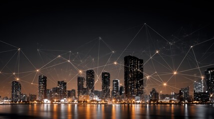 Stunning Night Cityscape with Glowing Connected Lines Over the Water Perfect for HighEnergy Campaigns, Inspiring Creativity and Boosting Energy.