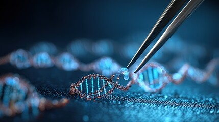 Genetic engineering theme, 3D - rendered CRISPR - Cas9 system cutting DNA double strands, sgRNA guide sequences labeled beside, background is a laboratory blue light operating table 