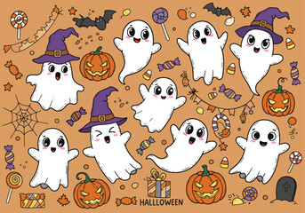 Halloween ghost vector design, cute doodle-style characters, dancing and smilingHalloween ghost vector design, cute doodle-style characters, dancing and smiling