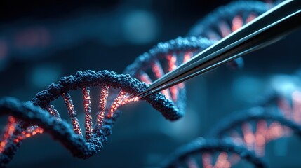 Genetic engineering theme, 3D - rendered CRISPR - Cas9 system cutting DNA double strands, sgRNA guide sequences labeled beside, background is a laboratory blue light operating table 