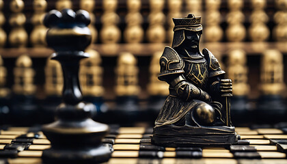 Detailed Close Up of a King Chess Piece in Ornate Armor on a Chessboard
