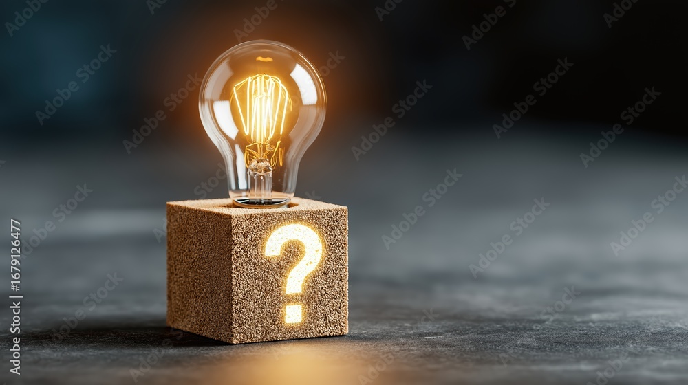 Poster vibrant lightbulb shining on inquisitive question mark block, ideal for creative projects and visual