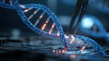 Genetic engineering theme, 3D - rendered CRISPR - Cas9 system cutting DNA double strands, sgRNA guide sequences labeled beside, background is a laboratory blue light operating table 