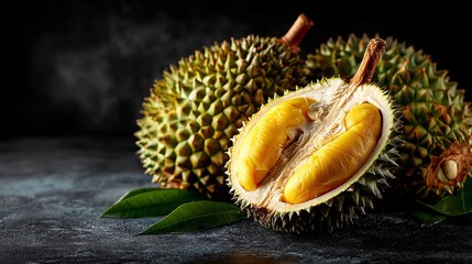 Obraz premium Delicious Durian Fruit Close up of Ripe Durian with Golden Flesh and Spiky Exterior on Dark