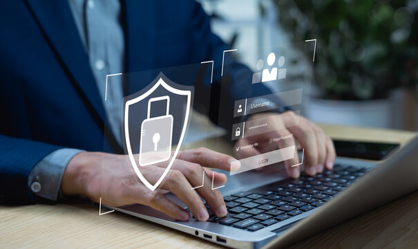 Cybersecurity concept and password login. User typing credentials for online banking, social media, and personal data protection against hackers.