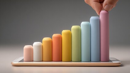 Colorful bar graph ascending, resting on tablet