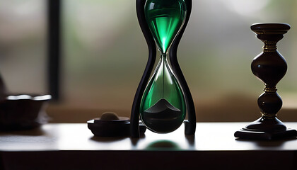 Elegant Hourglass with Green Liquid and Sand on a Wooden Table