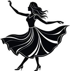 Elegant silhouette of a graceful woman dancing with a flowing dress