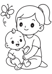 coloring book sister holding baby brother while butterfly flies